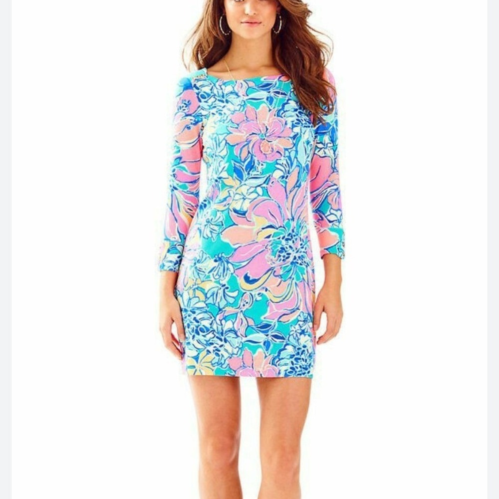 Lilly Pulitzer Sophie Dress Small Seaside Aqua Breezy Floral UPF50 3/4 Slv